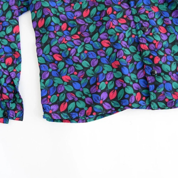 Vintage Black Green Blue Red Floral Button Up Long Sleeve Blouse - Picture 8 of 15